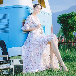 Elbow-sleeve Floral Print Maxi Chiffon Dress