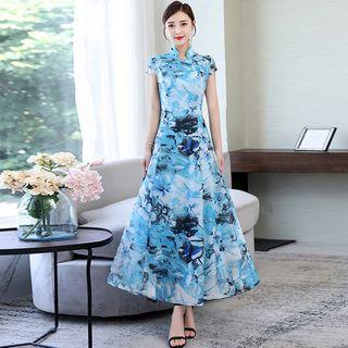 Printed Short-sleeve Midi A-line Qipao