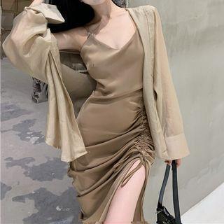 Plain Shirt / Spaghetti Strap Drawstring Sheath Dress