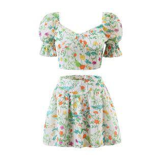 Short-sleeve Floral Top / A-line Skirt / Set