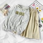 Cartoon Bear Print Hoodie / Cargo Pocket Midi A-line Skirt