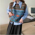 Long-sleeve Plain Shirt / Floral Print Knit Vest