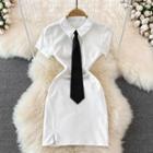 Short Sleeve Collar Sheath Dress With Tie