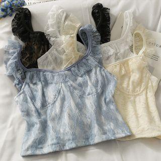 Mesh Ruffled-trim Lace Crop Tank Top