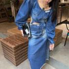 Long-sleeve Square-neck Denim Top / Denim High-waist Skirt