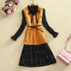 Set: Knit Vest + Long-sleeve Dotted A-line Dress