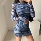 Print Long-sleeve Slim-fit Mesh Dress