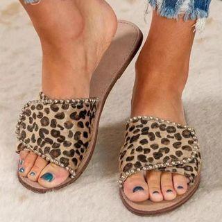 Embellished Leopard Print Slide Sandals