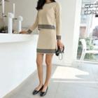 Set: Round-neck Stripe Knit Top + Mini Skirt
