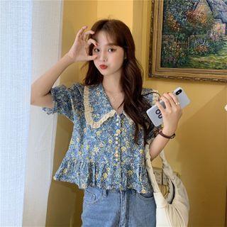 Floral Print Collared Puff-sleeve Peplum Blouse As Shown In Figure - One Size