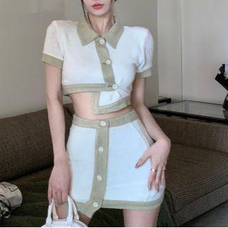Asymmetrical Short-sleeve Contrast Trim Shirt / Pencil Skirt