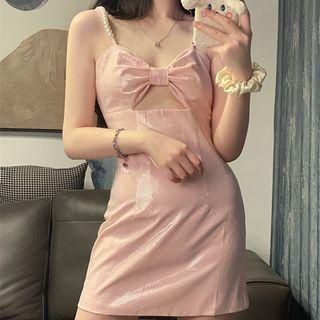 Spaghetti Strap Bow Beaded Mini Dress