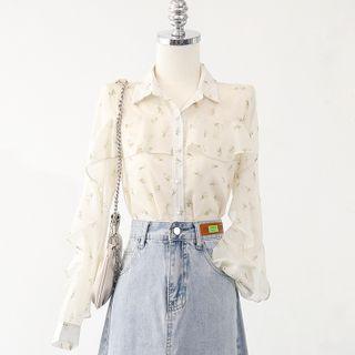 Printed Floral Ruffle Button-up Blouse
