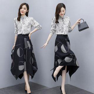 Set: Printed Shirt +geometric Print Midi A-line Skirt