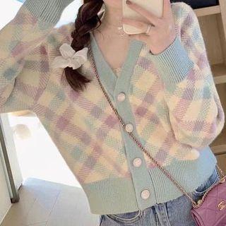 Plaid V-neck Cropped Cardigan