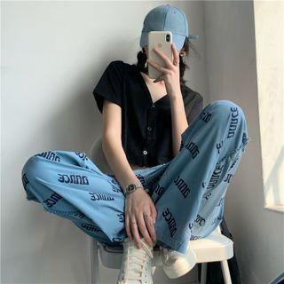 Lettering Straight Leg Pants / Button-up Cropped T-shirt