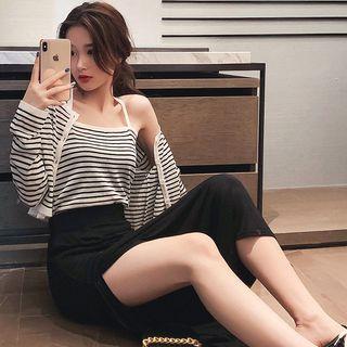 Set: Striped Camisole + Cardigan + Midi A-line Skirt