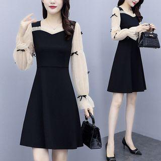 Long-sleeve Two-tone Mesh Panel A-line Dress