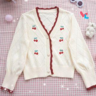 Contrast Trim Cherry Print Cardigan