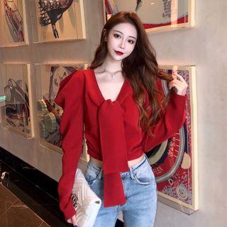 Retro Long-sleeved Lace Up Shirt Red - One Size