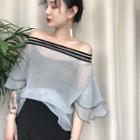 Pleated Elbow-sleeve Chiffon Top