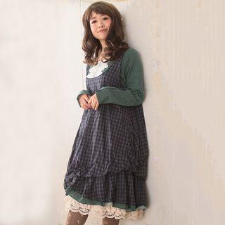 Mock Two-piece Long-sleeve Plaid Midi Dress