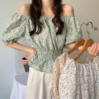 Puff-sleeve Off-shoulder Elastic-waist Floral Top