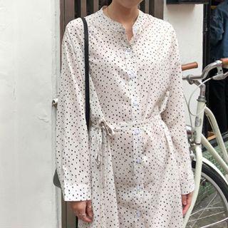 Long-sleeve Dotted Midi Shirt Dress White - One Size