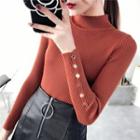 Long-sleeve Button-panel Mock-neck Knit Top
