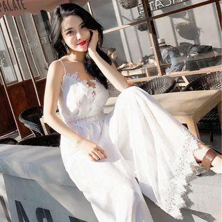 Spaghetti Strap Lace Trim Wide Leg Jumpsuit