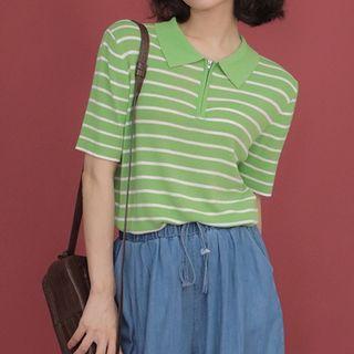 Short-sleeve Zip Striped Polo Shirt