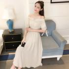 Off-shoulder Short-sleeve Midi A-line Dress