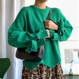 Beribboned-sleeve Scallop-hem Boxy Sweater