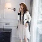 Set: Contrast Panel Cardigan + Spaghetti Strap Midi A-line Mesh Dress