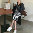 Striped V-neck Long-sleeve Slim-fit Knit Dress / Plain Jacket