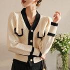 Contrast Trim Faux Pearl Button Cropped Cardigan