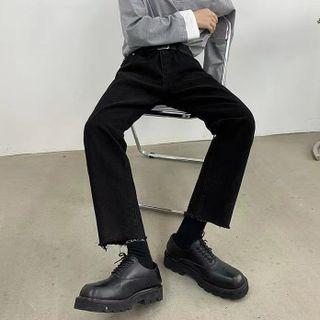 High-waist Plain Distressed Wide-leg Pants