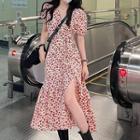 Puff-sleeve Floral Print Slit Midi A-line Dress Red Flower - White - One Size