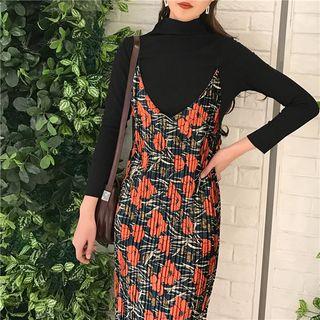 Set: Mock Neck Long-sleeve Knit Top + Floral Print Pleated Midi Dress