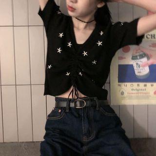 Short Sleeve Drawstring V-neck Cropped Top Black - One Size