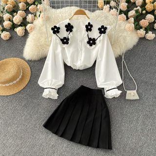 Set: Flower Blouse + Pleated Skirt
