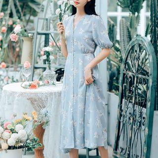 Short-sleeve Floral Chiffon Buttoned A-line Midi Dress