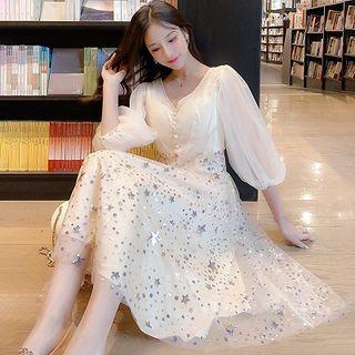 Plain V-neck Puff-sleeve Panel Mesh Dress