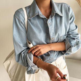 Washed Loose-fit Denim Shirt Light Blue - One Size