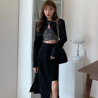 Leopard Print Cropped Camisole Top / Long-sleeve Asymmetrical Hem Cropped Blazer / Slit Midi Skirt