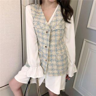 Long-sleeve V-neck Shirtdress / Tweed Sleeveless Button Jacket