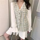 Long-sleeve V-neck Shirtdress / Tweed Sleeveless Button Jacket