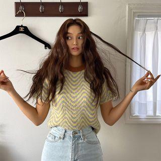 Contrast-trim Fluffy Patterned Knit Top