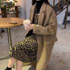 Double Breasted Long Coat / Long-sleeve Turtle Neck Knit Top / Spaghetti Strap Leopard Print Midi A-line Dress