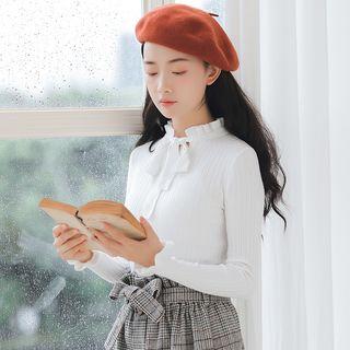 Long-sleeve Ruffled-trim Tie-neck Knit Top